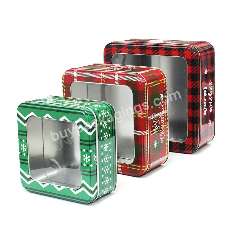 Square Tin Packaging With Window Lid Candy Metal Box Christmas Cookie Tin Box