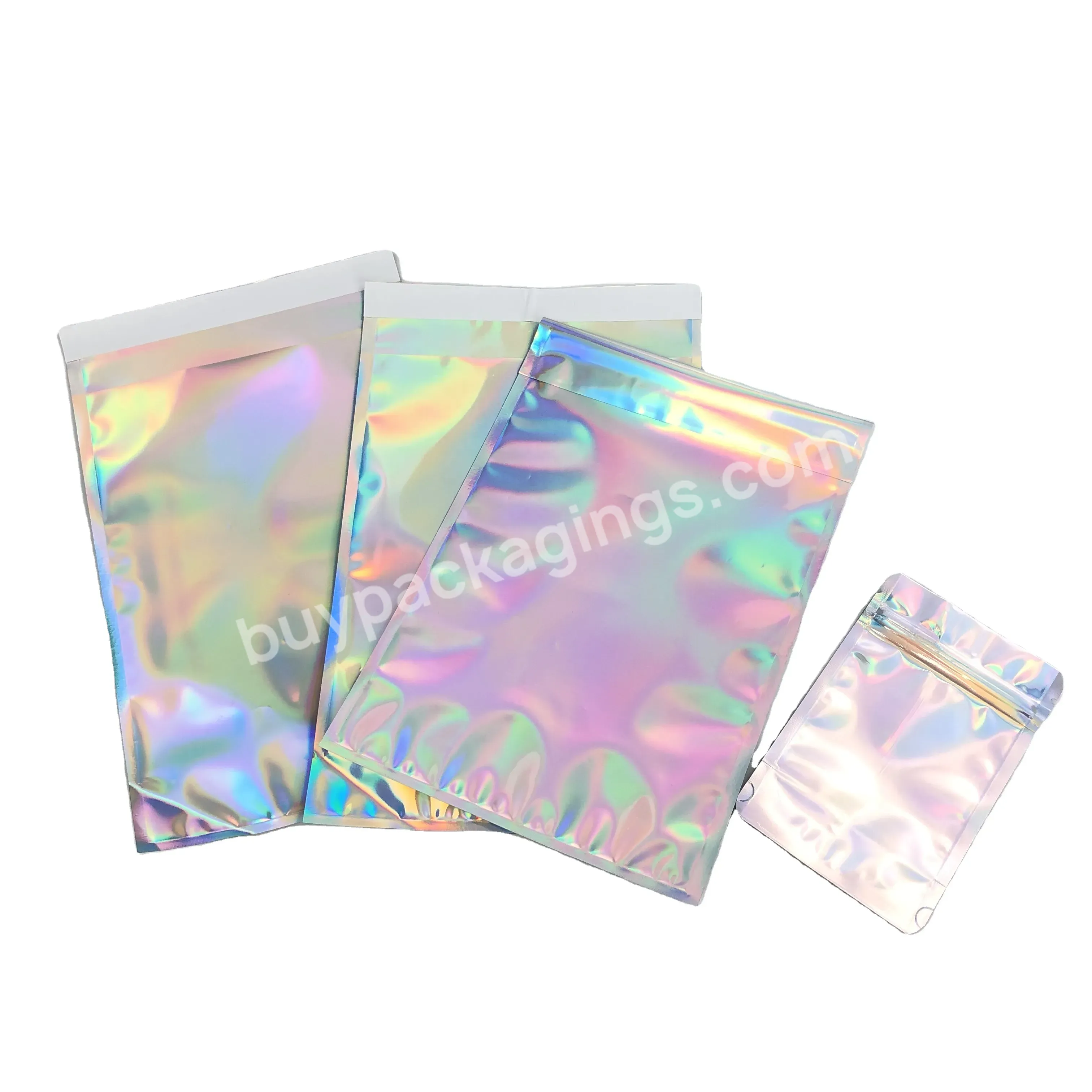 Stand Up Hologram Effect Mylar Foil Bags With Custom Logo Printed For Cloth Packing / Holographic Resealable Shipping Pouch