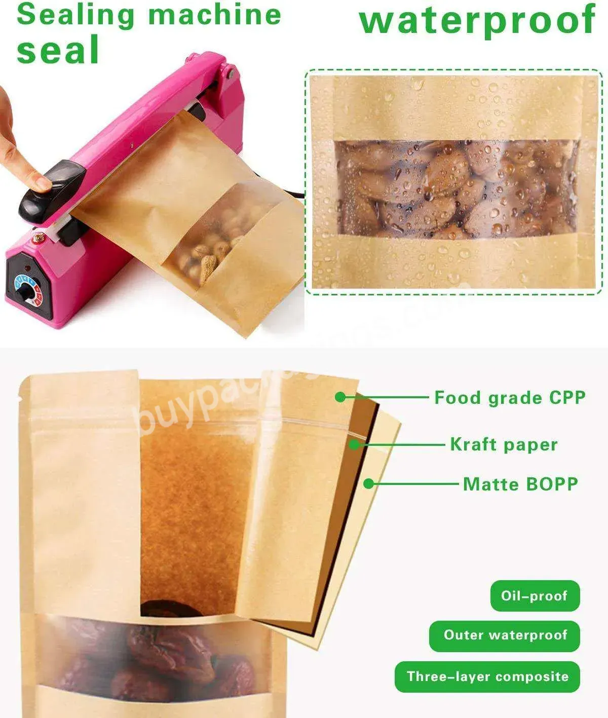 Stand Up Kraft Paper Bag With Clear Window And Zipper For Food Flour Nut Rice Tea Spices Customizable Manufacturer