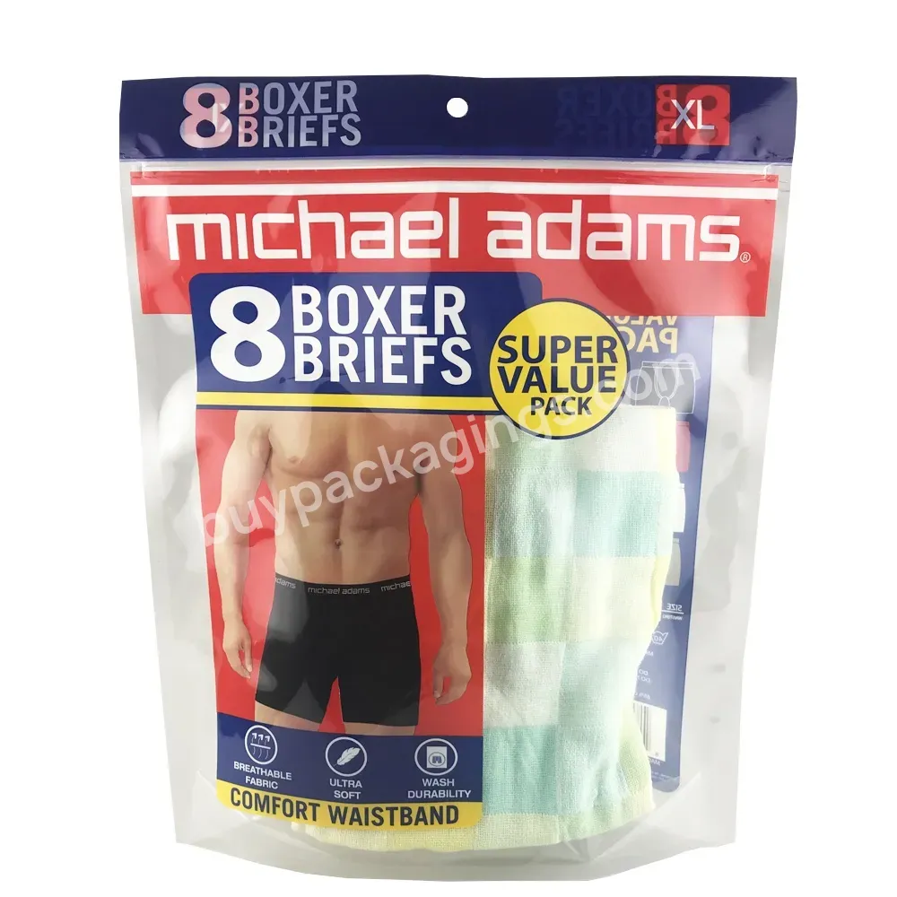 Stand Up Pouch Clear Plastic Ziplock Clothing Hanger Hole Underwear Clothes Plastic Packaging Bags With Custom Logo