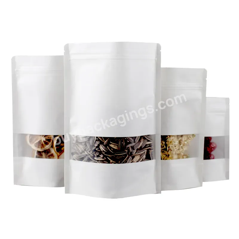 Stand Up White Kraft Paper Reclosable Ziplock Plain Heat Sealable Food Packaging Doypack Pouches Bags With Matte Window