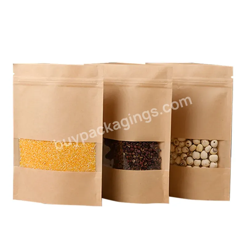 Stand Up Zipper Brown Kraft Paper Resealable Ziplock Heat Sealable Food Storage Doypack Packaging Pouches Bag With Clear Window