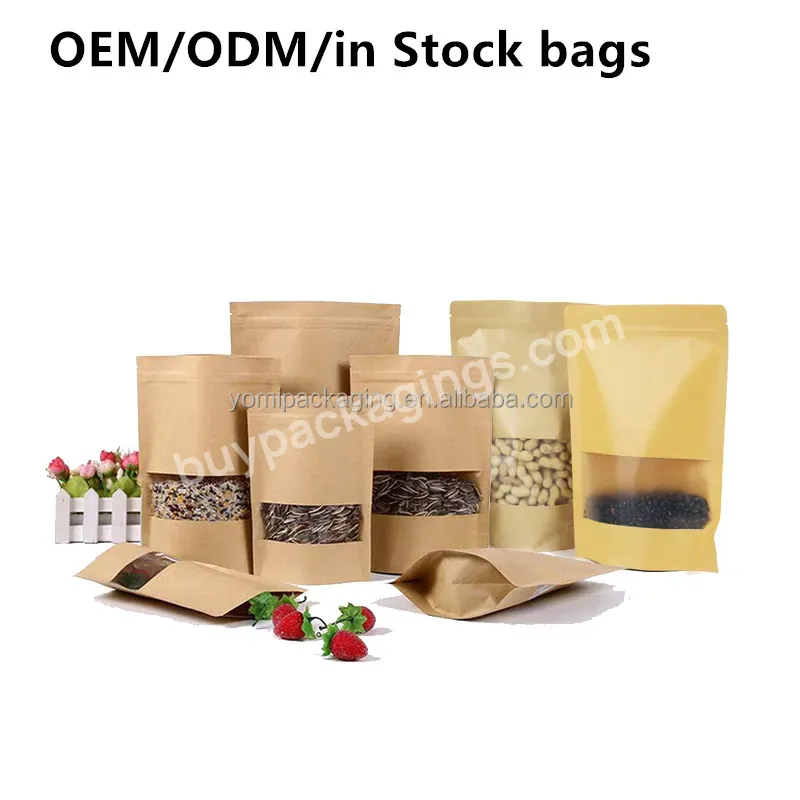 Stand Up Zipper Kraft Brown Paper Heat Sealable Food Storage Doypack Packaging Pouches Bag With Clear Window