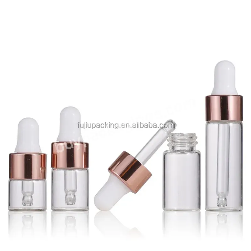 Stock Fast Ship Mini Small 1ml 2ml 3ml 5ml Skin Care Serum Essential Oil Pink Glass Dropper Bottle With Rose Gold Cap