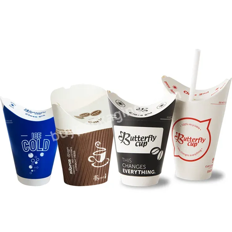 Take Away Tea Coffee Pla Coated Compostable Biodegradable Butterfly Paper Cup With Integrated Folding Lid For Cold Hot Drinks