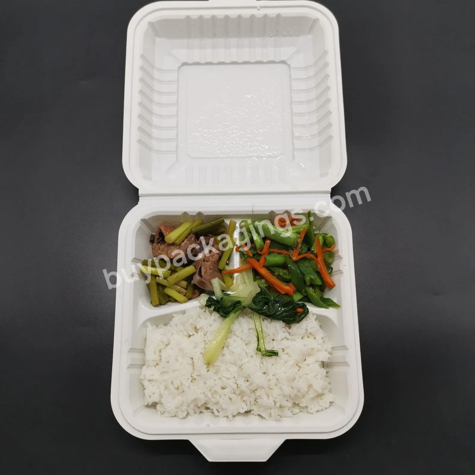 Take Out Container Food 3 Compartment Pp Corn Starch Lunch Box Packing Clamshell Disposable Best Price White 39*20*6cm 5000pcs