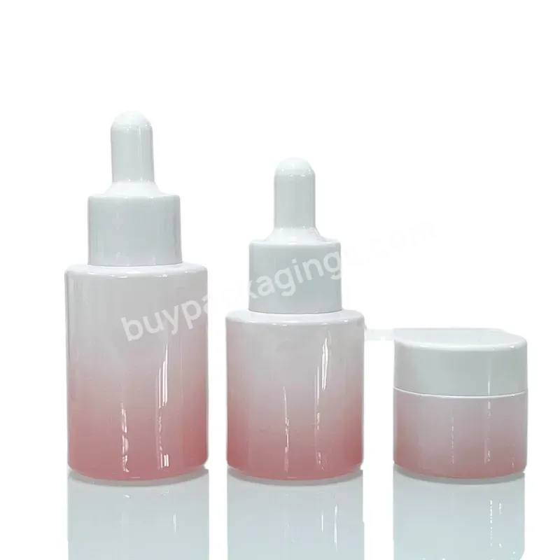 Thick Cylinder Flat Shoulder 30ml Gradient Frosted Pink Glass Serum Dropper Bottle 50g Pink Cream Jar