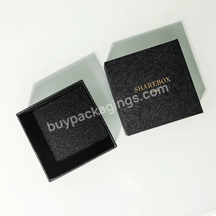 Thin Jewelry Box Custom Gold Foil Logo Lid Base Paper Jewelry Box Black Texture Jewelry Box