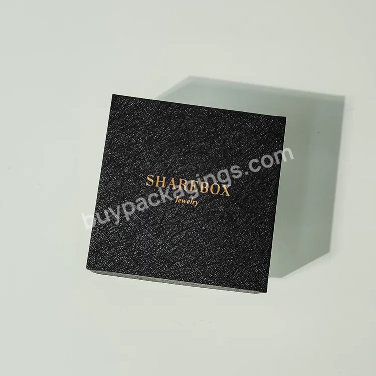 Thin Jewelry Box Custom Gold Foil Logo Lid Base Paper Jewelry Box Black Texture Jewelry Box