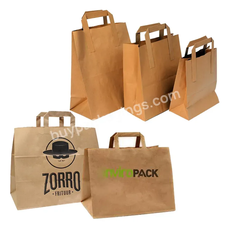 Togo Take Away Restaurant Pizza Food Packaging Flat Bottom Kraft Paper Bags Flat Handles