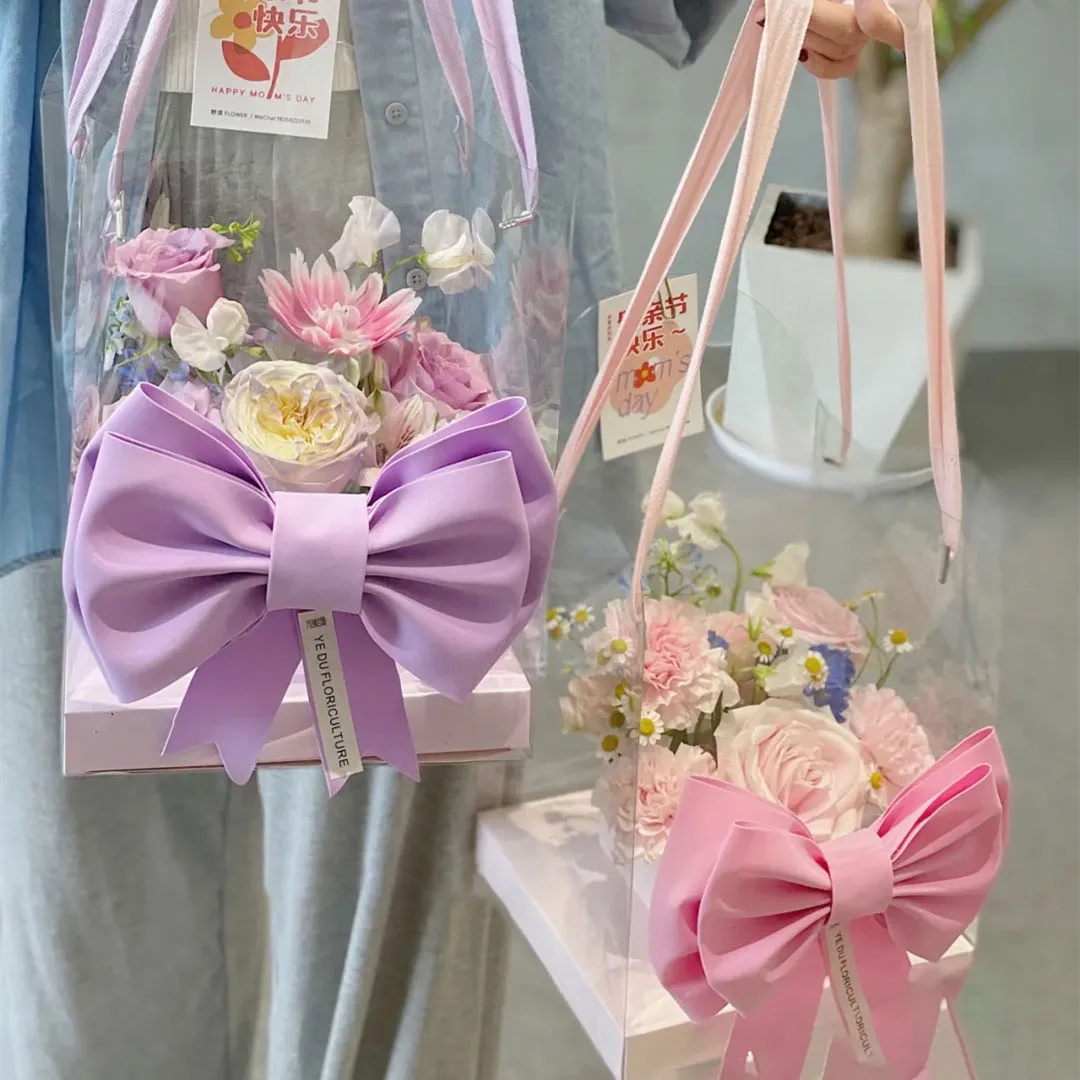 Tondo Clear PVC Party Gift Box Transparent Florist Planter Cake Carry Bags Gift Valentine's Day Rose Flower Bouquet Hand Bag