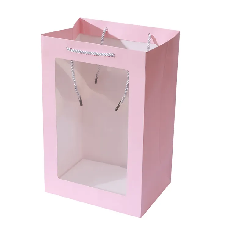 Tongheng Custom PVC Transparent Window Luxury Gift Flower Paper Carrier Bag With Window