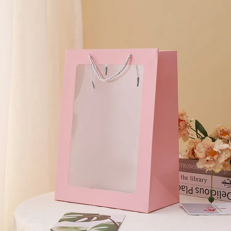 Tongheng Custom PVC Transparent Window Luxury Gift Flower Paper Carrier Bag With Window