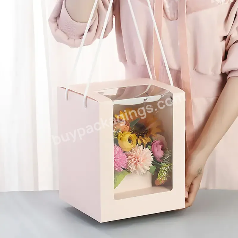 Top Quality Packaging Carton Rose Flower Packing Gift Paper Bags Square Shape Portable Floral Boxes With Clear Window