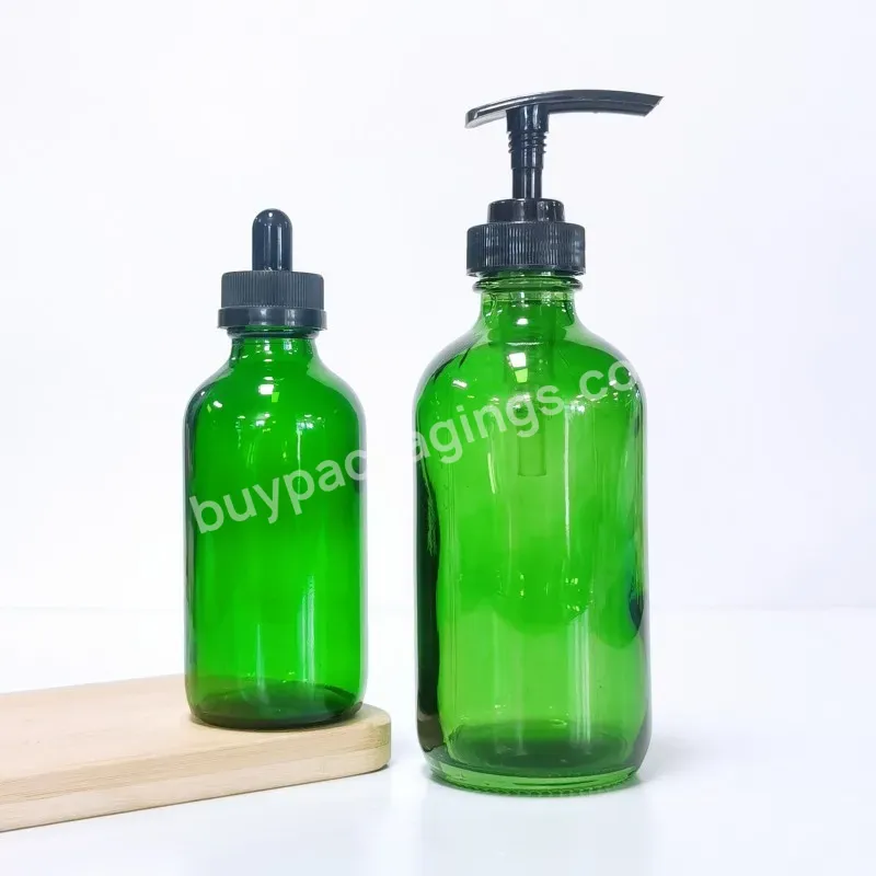 Top Supplier Boston Round 1oz 2oz 30ml 8oz 500ml Green Glass Bottle With Pump Dispenser