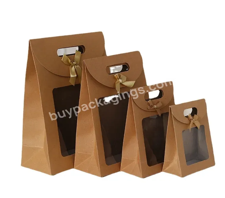 Translucent Window Stand-up Bow Handheld Gift Bags Handheld Kraft Paper Bags Solid Color Candy And Cookie Packaging Bags