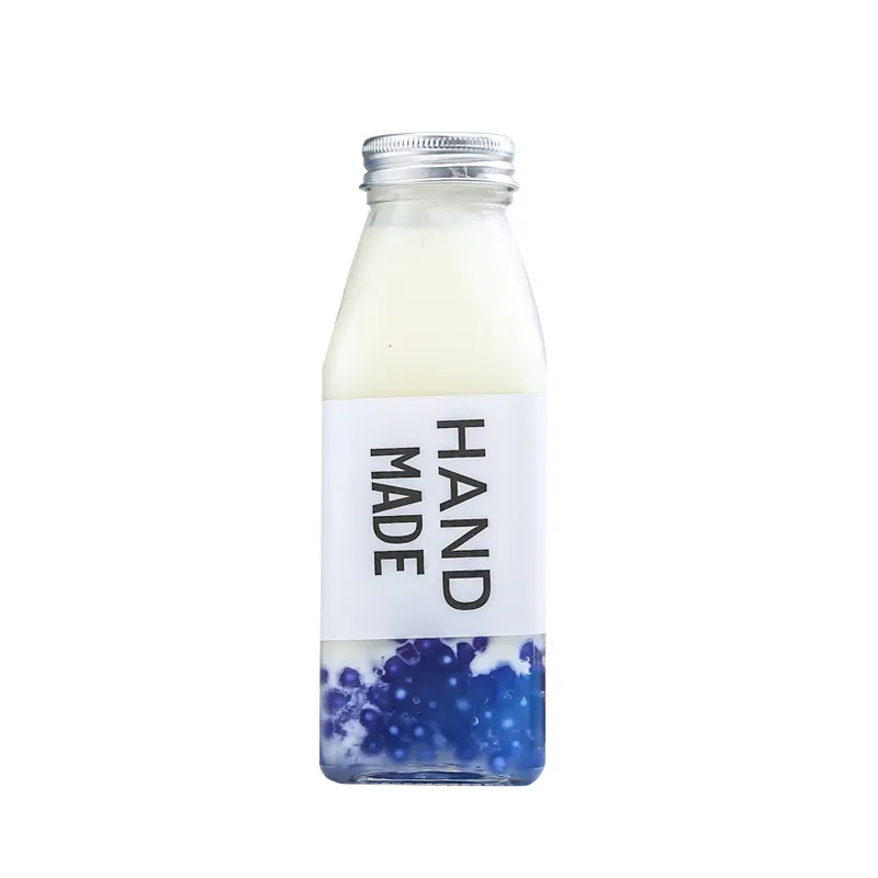 Transparent Juice Milk Tea Square Glass Beverage Bottle With Cap