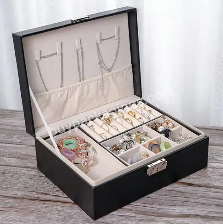 Travel Leather Jewelry Storage Box Organizer Leather Jewelry Box With Double Two-layer Drawer With Lock