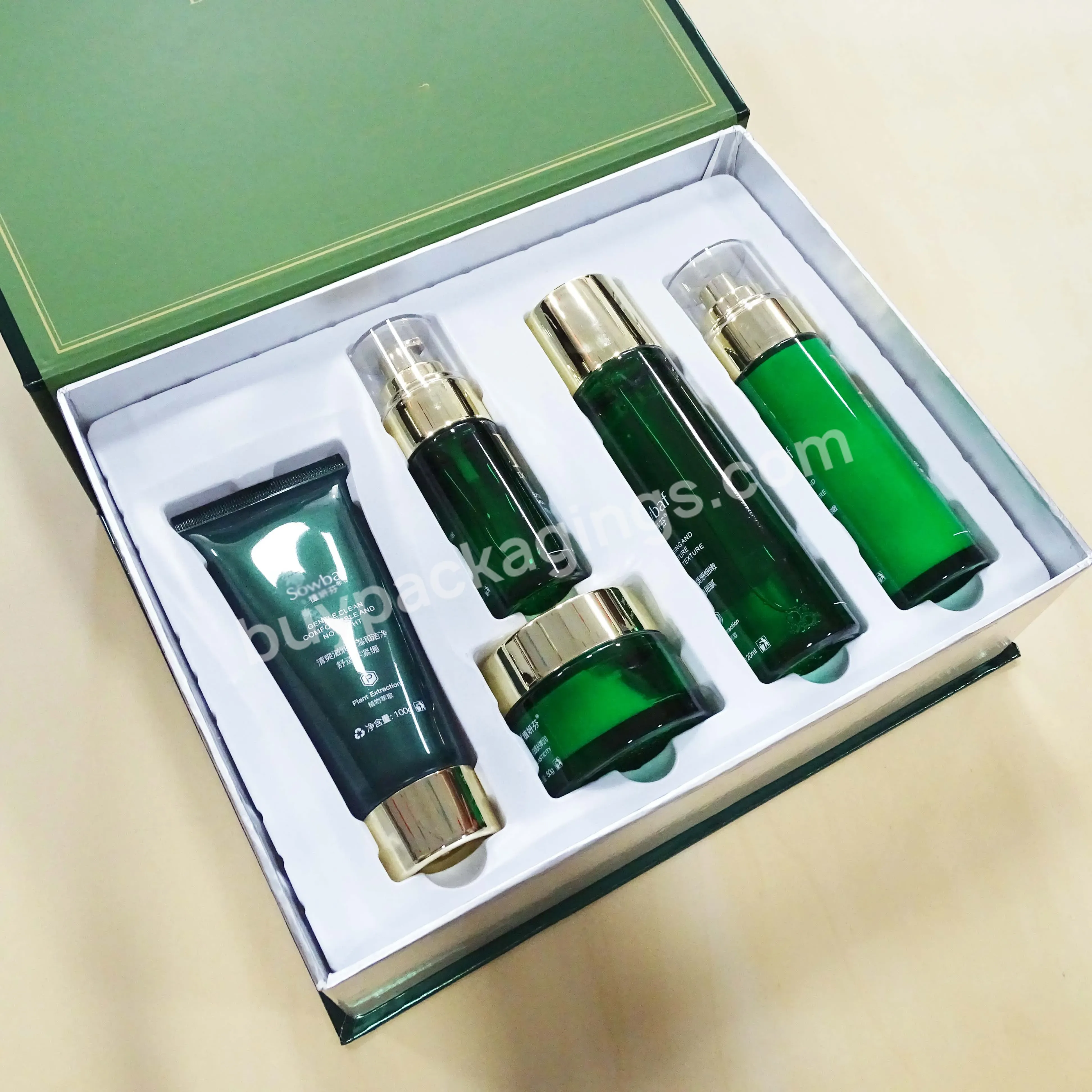 Unique Custom Cosmetic Glass Pump Bottle Green Color Cream Lotion Glass Bottle Jar Set With Pump And Dropper Lid