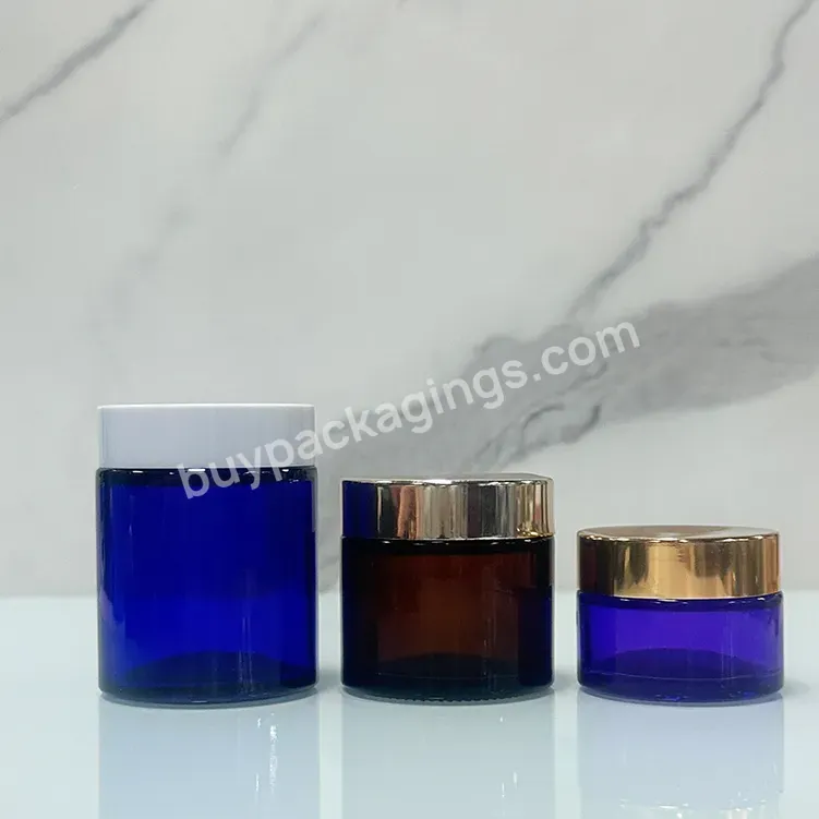 Unique Round Transparent Blue Color Cosmetics Glass Body Cream Jar Packaging 50g