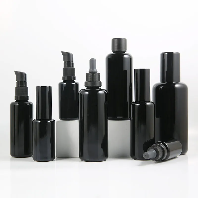 Various Style 10ml 15ml 30ml 50ml 100ml 200ml Black Glass Bottle With Treatment Pump Lotion For Cosmetic Packing