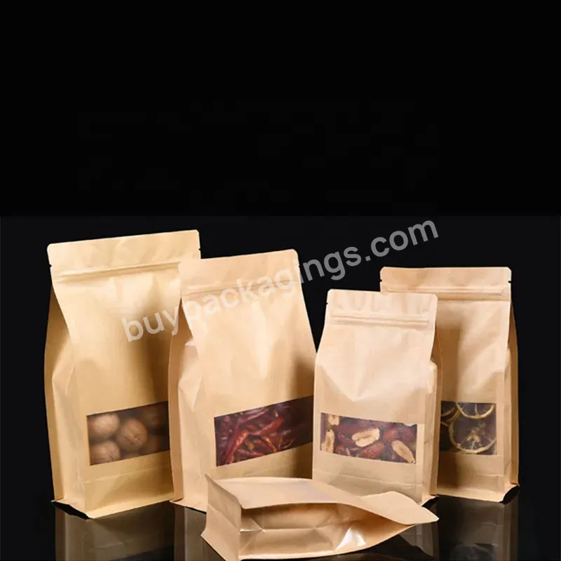 Water Proof Brown Kraft Paper Flat Bottom Zipper Pouch Zip Lock Storage Bags For Storing Nuts With Clear Window