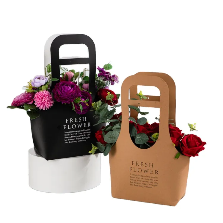 Waterproof recyclable foldable gift bouquet creative shopping shop flower floral basket shape carrier bag handle paper tote bag