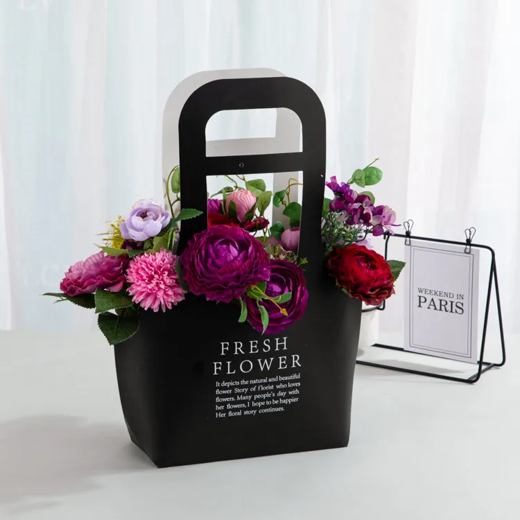 Waterproof recyclable foldable gift bouquet creative shopping shop flower floral basket shape carrier bag handle paper tote bag