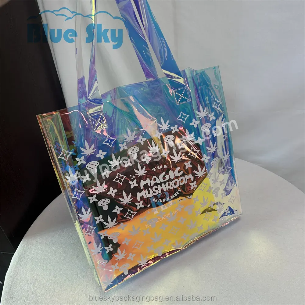 Waterproof Repeated Use Of Custom Printed Logo Pvc Holographic Tote Bag Fabric Cosmetic Packaging Plastic Glitter Luminous Bag