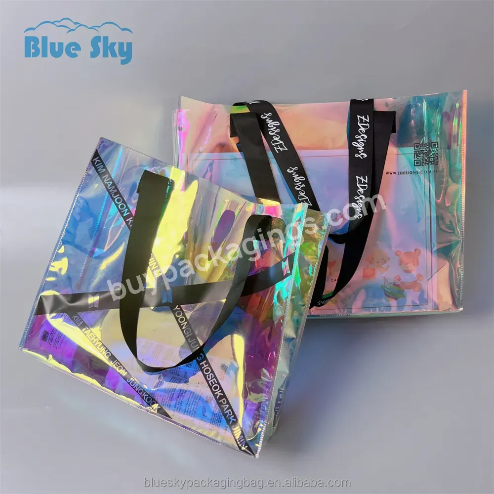 Waterproof Repeated Use Of Custom Printed Logo Pvc Holographic Tote Bag Fabric Cosmetic Packaging Plastic Glitter Luminous Bag