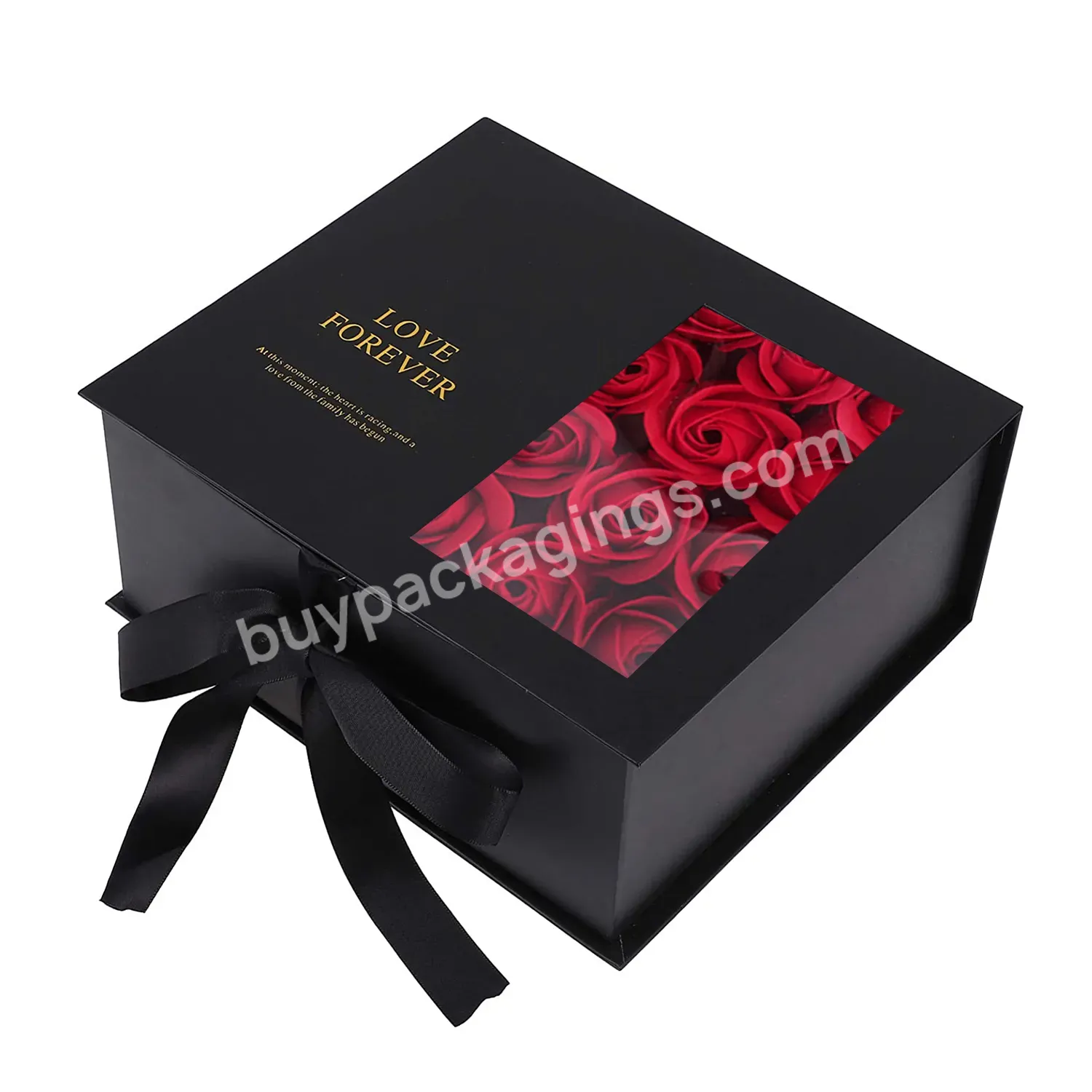 Wedding Engagement Sweet Ribbon Window Boxes Custom Logo Luxury Black I Love You Flower Rigid Magnetic Gift Box