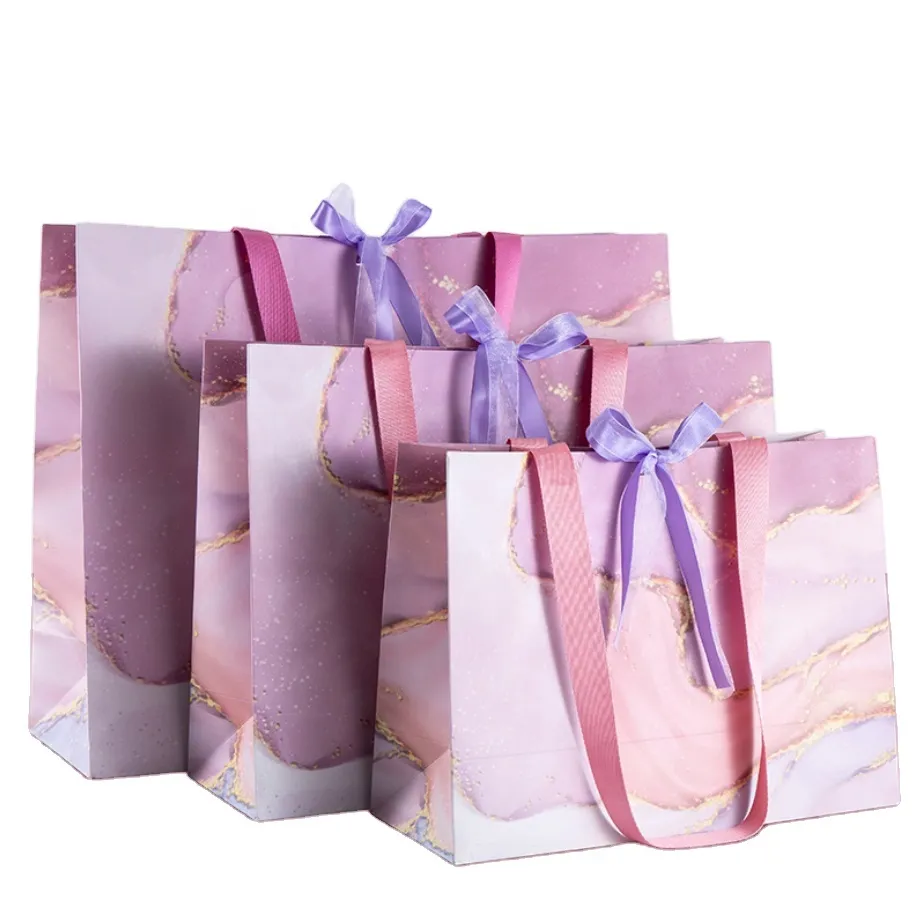 Wedding Favor Extra Large Marble Print Pink Paper Shopping Bags With Ribbon Handle