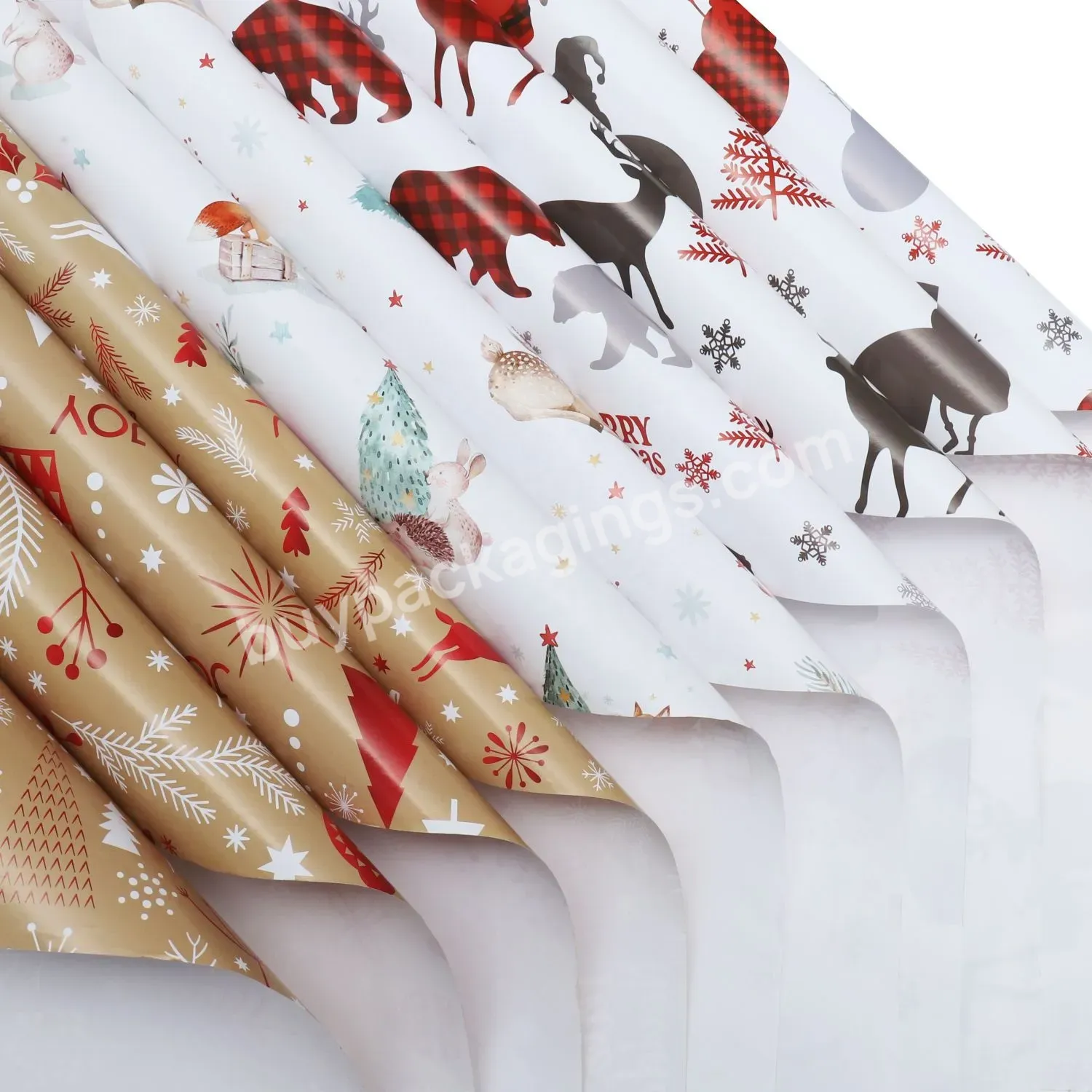 White And Red Color Printed Christmas Gift Wrapping Paper Collection With Christmas Tree And Elk Printing