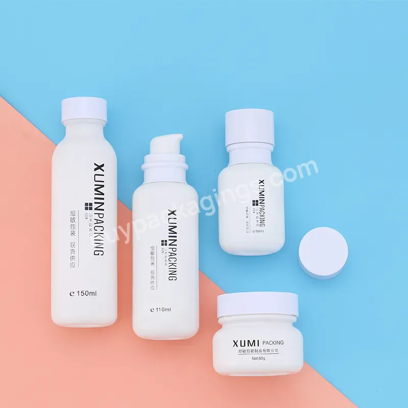 White Cosmetic Glass Jars And Bottles 50g 50ml 110ml 150ml Lotion Pump With Skin Care Packaging