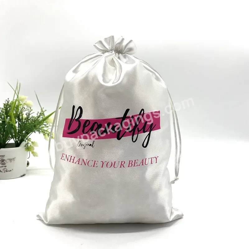 White Packaging Silk Satin Lash Drawstring Bag Custom Logo Hair Extensions Wrapping Dust Drawstring Bags