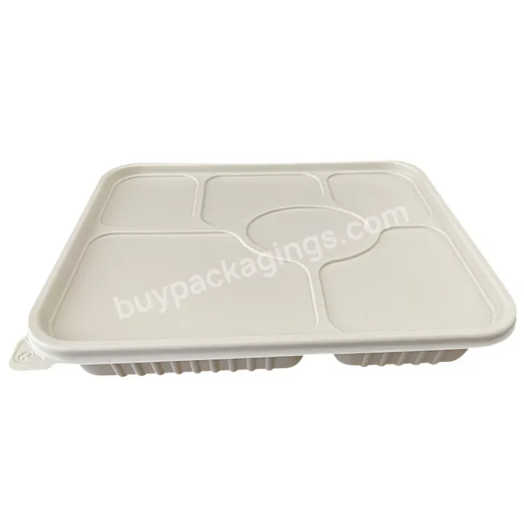 White Plastic Meal Tray With Lid Clamshell Cornstarch Hot Box Takeaway Containers 6 Compartment Food Tray Storage Boxes & Bins