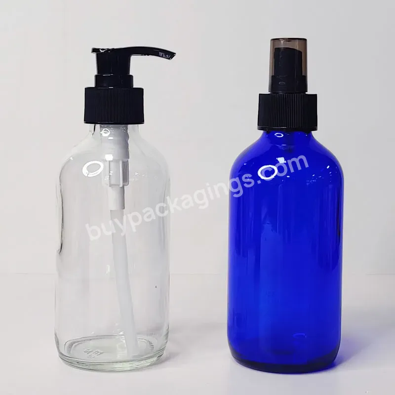 Whole Sale Price Empty Clear Blue Round Bottle Shampoo Dispenser Essential Oil 250ml Boston Glass Bottle