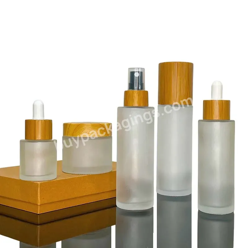 Whole Set 20g 30g 50g Natural Bamboo Lids Lotion Toner Bottles Empty Refillable Cosmetic Container Frosted Glass Cream Jars