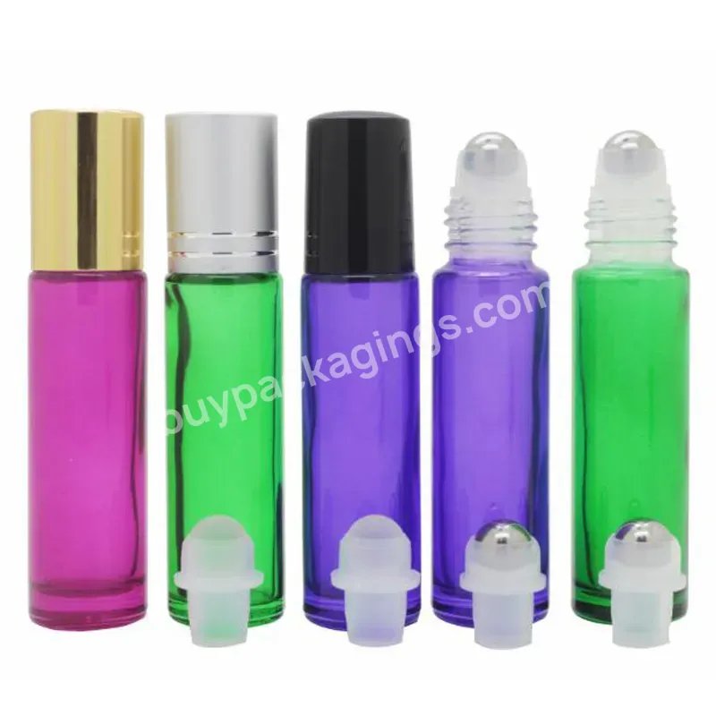 Wholesale 10ml Clear Amber Blue Purple Pink Green Roll On Glass Bottles With Metal Ball Golden Cap Silver Lids Black Cover