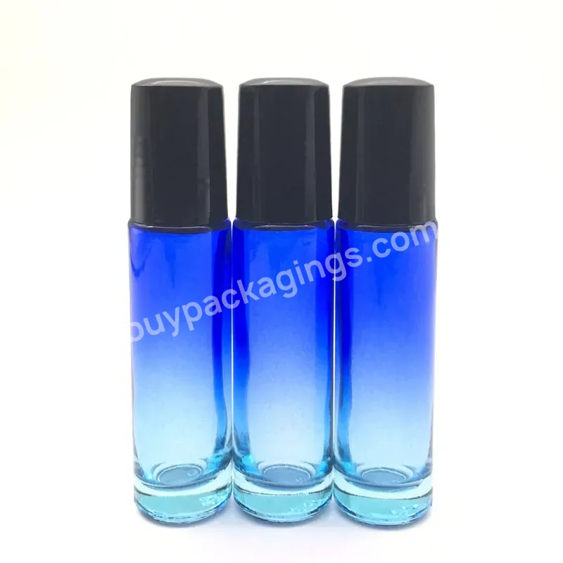 Wholesale 10ml Gradient Cobalt Blue Perfume Glass Roll On Bottle Stainless Steel Roller With Black Plastic Cap