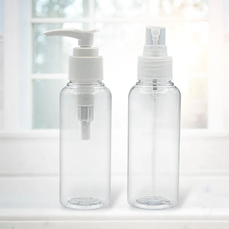 Wholesale 115ml Cosmetic Transparent Plastic Packaging Bottle PET Round Shape Perfume Sprays Bottle 100ml Travel Bottle Custom