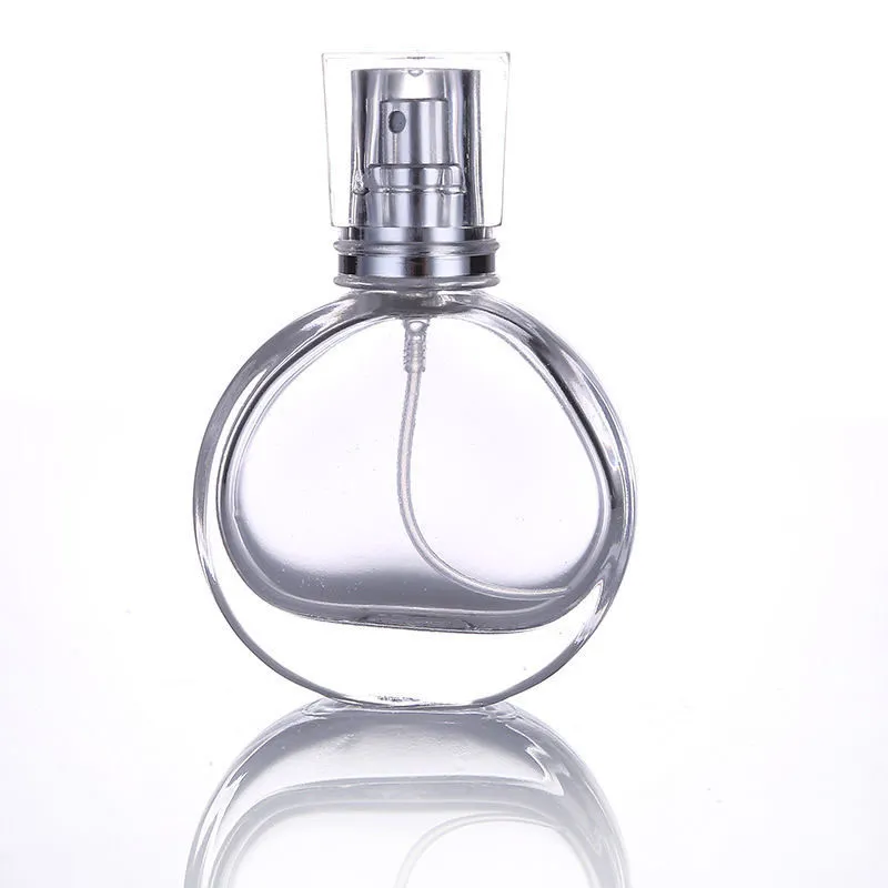 Wholesale 25ml 30ml 50ml Empty Flint Glass Flat Perfume Bottles With Spray Atomizer