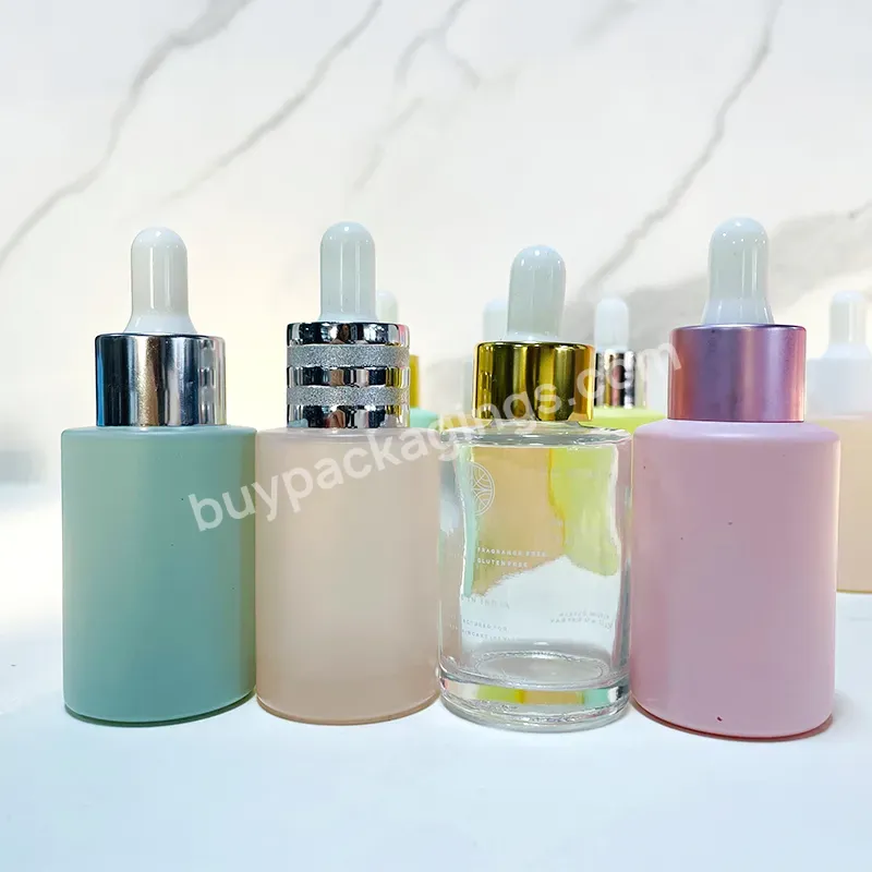 Wholesale 30ml 1oz Empty Clear Green Yellow Frosted Cosmetic Face Cream Serum Oil Bottle Flat Shoulder Glass Dropper Bottle