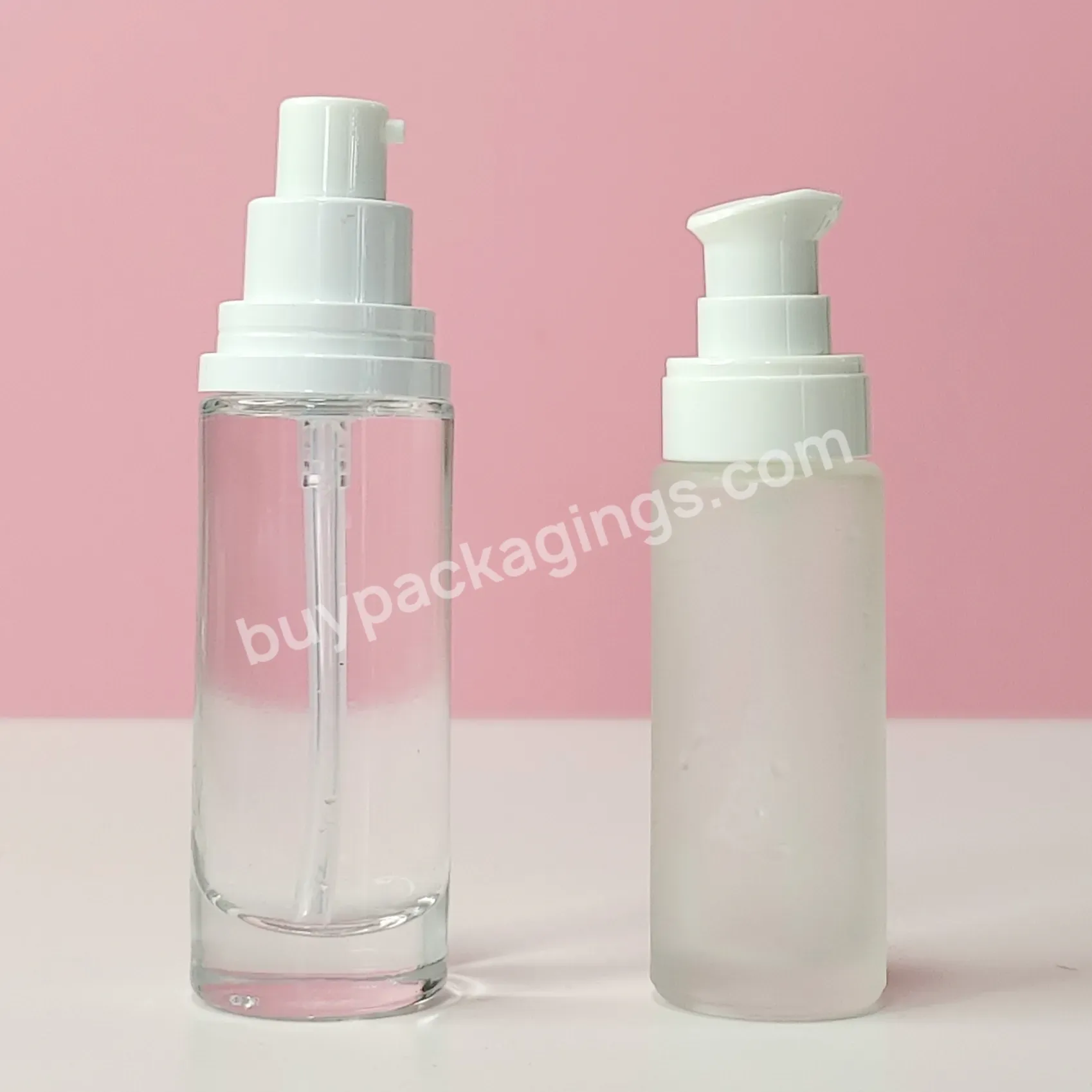 Wholesale 30ml 1oz Pump Flat Shoulder Glass Round Bottle Empty Frosted Cosmetic Packaging Liquid Foundation Bottle