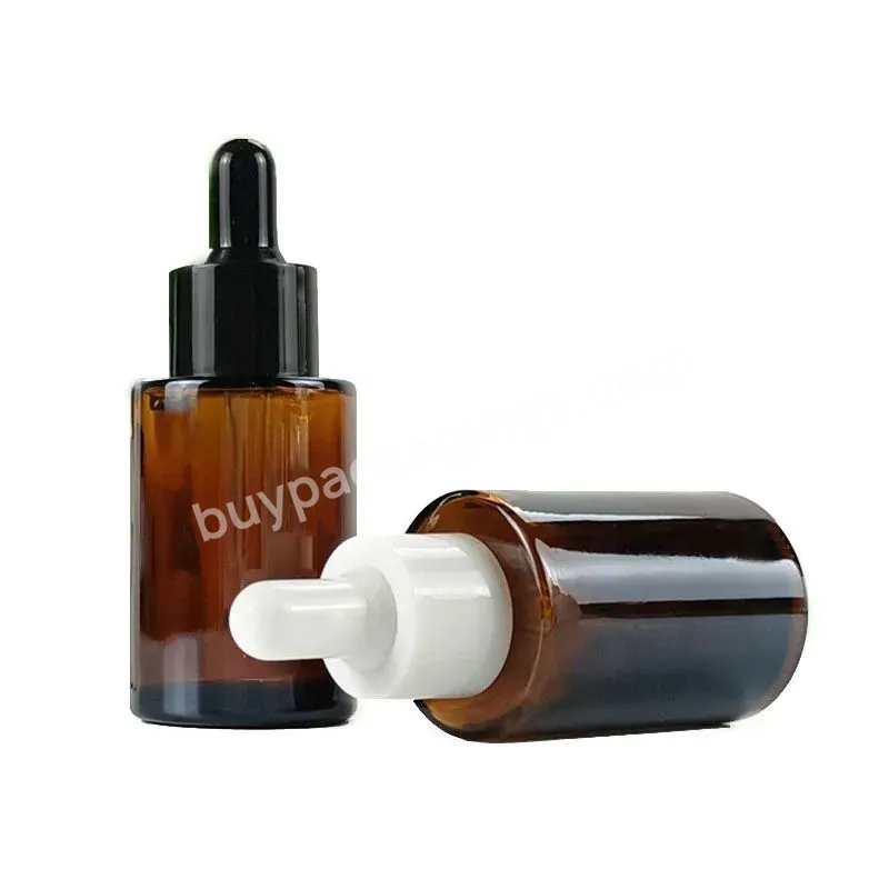 Wholesale 30ml Amber Flat Round Shape Glass Essential Oil Glass Dropper Bottle With White Smooth Plastic Dropper