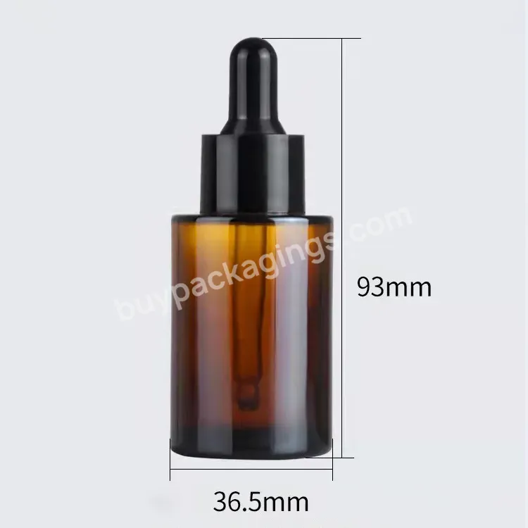 Wholesale 30ml Amber Flat Round Shape Glass Essential Oil Glass Dropper Bottle With White Smooth Plastic Dropper