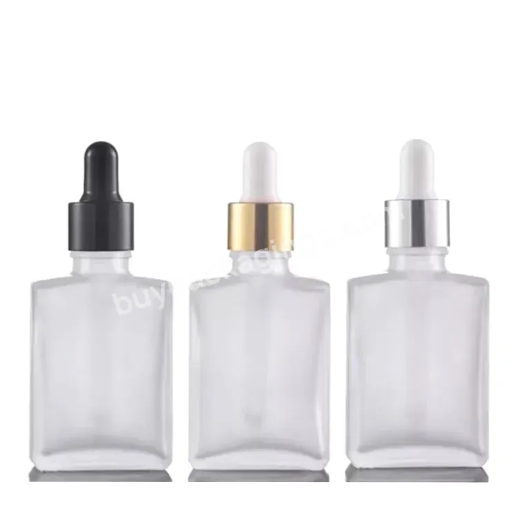 Wholesale 30ml Clear Frosted Rectangle Glass Serum Essential Oil Perfume Toner Bottle With Aluminum Screw Cap