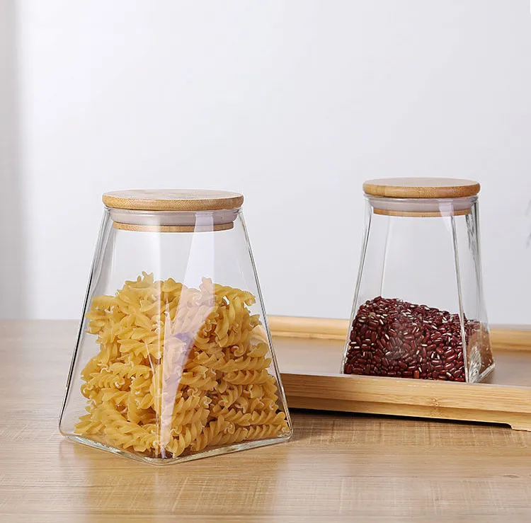 Wholesale 350ML 550ML 750ML 950ML Clear Glass Square Shape Storage Jar Kitchen Household Jar With Wooden Cover