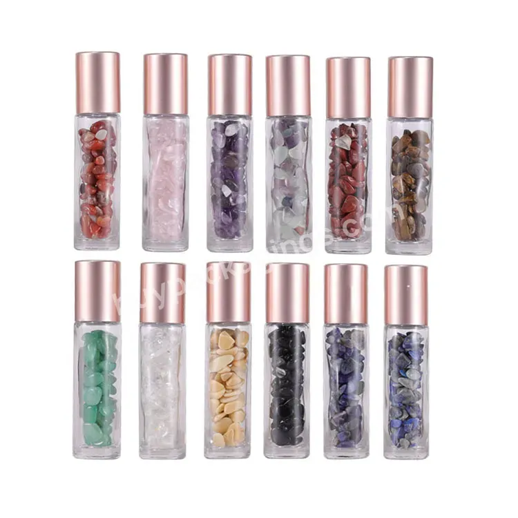 Wholesale 5ml 10ml Clear Gemstone Glass Roll On Bottle With Gemstone Roller Ball And Rose Gold Cap