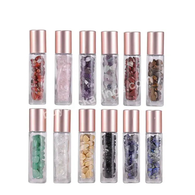 Wholesale 5ml 10ml Clear Gemstone Glass Roll On Bottle With Gemstone Roller Ball And Rose Gold Cap